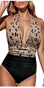 Women Ruched Sexy V-Neck Backless Hanging Neck Tie One Piece Swimsuit B0D6JZMCZ3