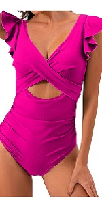 Women Retro Ruffled Sleeve Tummy Control One Piece Swimsuit B0D631H38X