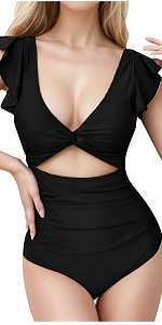 Women Ruffled Sexy Twisted Hollow Out One Piece Swimsuit B0D6KB3JTH