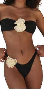 Women Bandeau Three-Dimensional Floral Appliques Bikini Swimsuit Two Piece Set B0D5YV6HYH