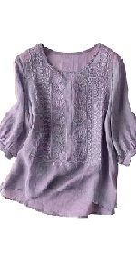 Women Linen Cotton Embroidery Seven-Minute Sleeve Tops B0D6XST3TB