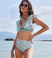 Soucrat Two Piece Swimsuit for Women V Neck Ruched Tummy Control Top with Bottom Bathing Suits