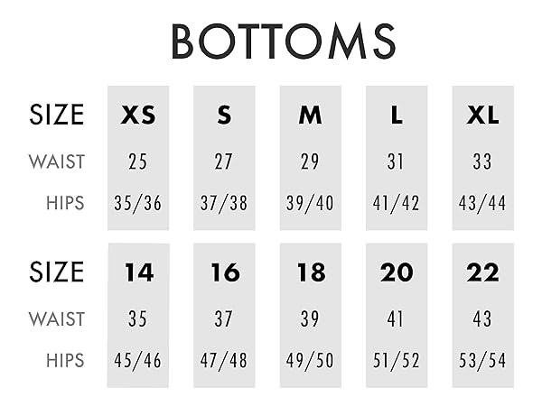 Sunsets bottoms size chart.