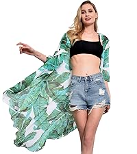 Soul Young Women Floral Kimono Cardigan Swimsuit Beach Cover up with Open Front Dress Beachwear