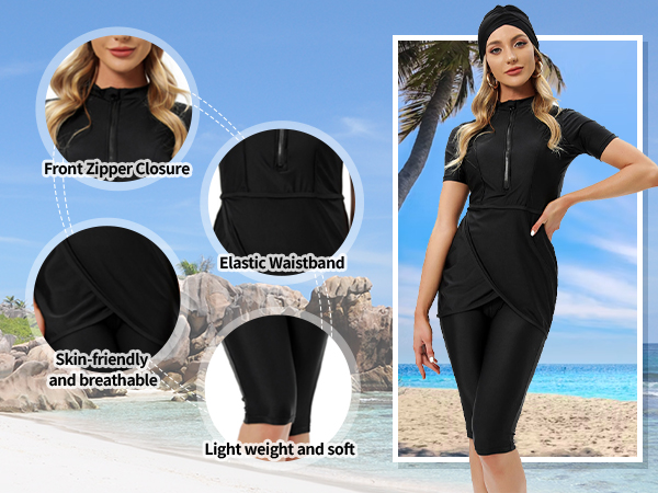 Womens'' Swimsuit 3 Pieces Full Cover Hijab Burkini Muslim Swimwear Short Sleeve