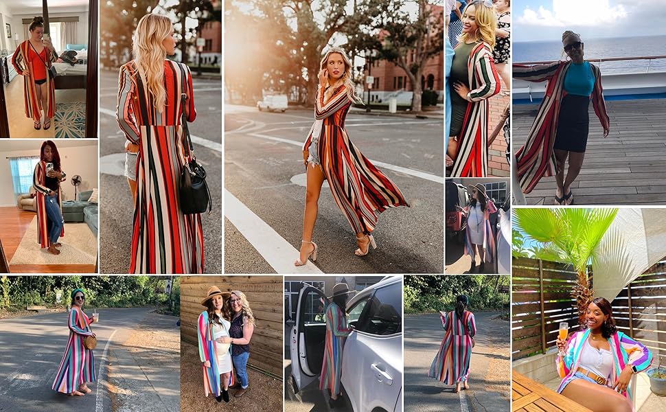 Long Striped rainbow Print Chiffon Kimono 