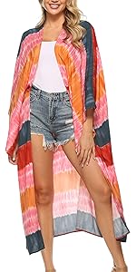  Women''s Lightweight Open Front Loose Tie Dye Summer Beach Cover Up Bohemian Print Kimono Cardigan