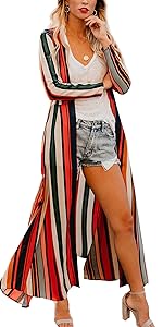 Chunoy Women Chiffon Long Sleeve Striped Kimono Loose Kaftan Sheer Cardigan Lightweight Cover Up