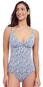 Plumeria Textured Jeans and White Leafy Print Women’s D Cup Tankini Bathing Suit Top Swim Essential