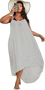 Women''s Plus Size Striped Cover Up High Low Hem Beach Bikini Swimsuit Cover Ups Dress