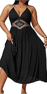 Women&#39;s Plus Size Cover Up Dress Contrast Lace Tie Back Halter Beach Swimsuit