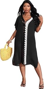 Women&#39;s Plus Size Crochet Trim V Neck Split Hem Beach Bikini Swimsuit Cover Up Dress