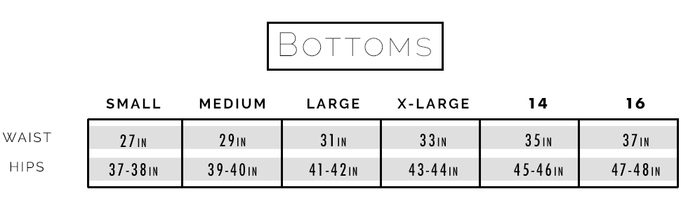 Sunsets Bottom size chart.