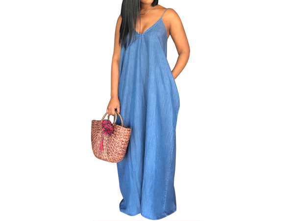 Women''s Sexy Long Maxi Denim Dress Casual Sleeveless Spaghetti Straps Comfy Sundresses Floor Length