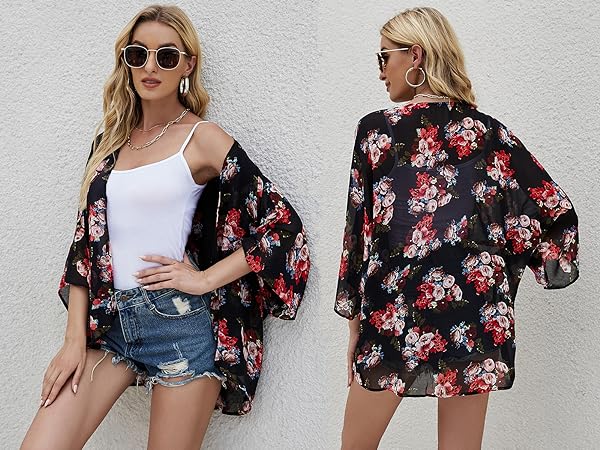 Women Rose Floral Summer Short Sleeve Chiffon Kimono Beach Wear Cover Up Tops