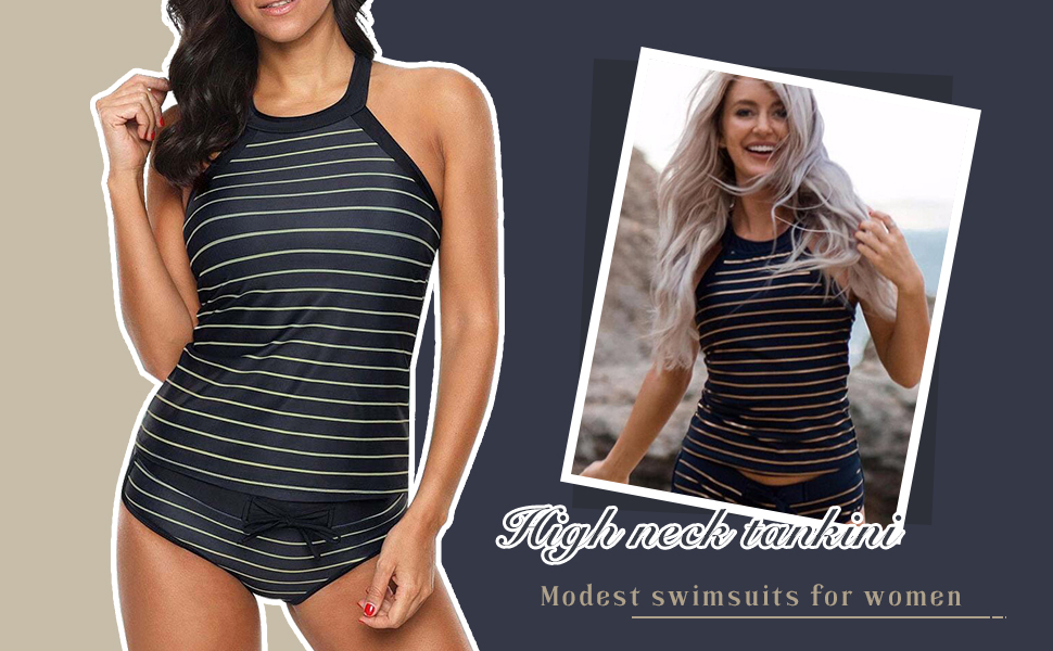 model wear stripe halter tankini