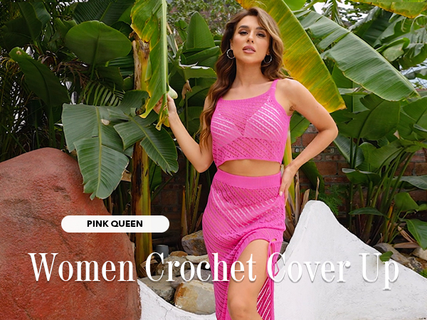 Women Crochet Cover Up 2024 Sexy Knit Hollow Out 2 Piece Outfits Tank Top Long Skirt Beach Coverups