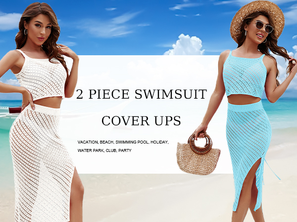 Women 2 Piece Swimsuit Crochet Hollow Out Swim Cover Up Bikini Swimwear Knit Mesh 