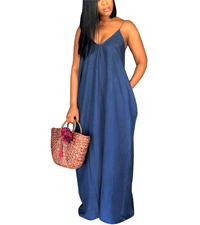 Women''s Sexy V Neck Denim Dress Casual Sleeveless Spaghetti Straps Long Maxi Sundresses Comfy