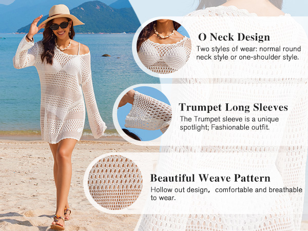 Womens Crochet Cover Ups for Swimwear Long Sleeve Swim Coverup Bikini Beachwear