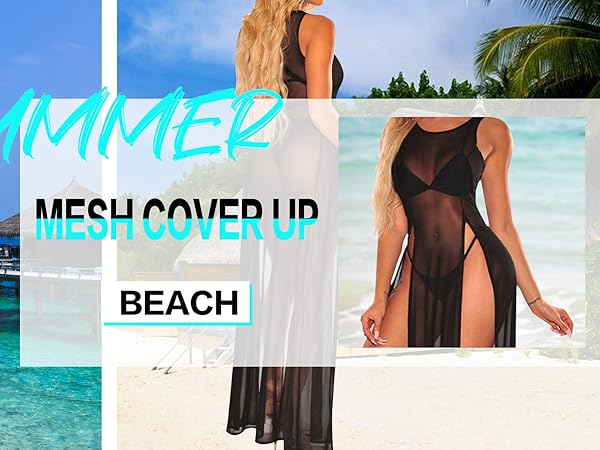 Sexy Sheer Mesh Beach Dress for Women High Split  Bikini Cover Ups