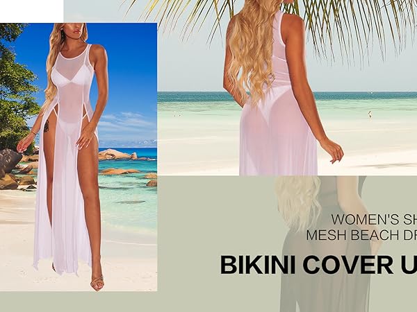 Women''s Sexy Sheer Mesh Beach Dress High Split Swimsuit See Through Bikini Cover Ups