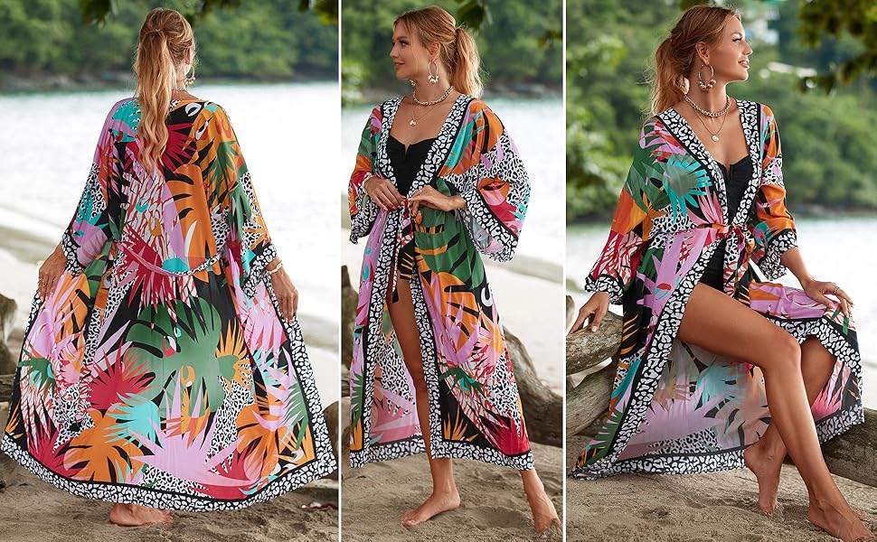 Colorful Leaf Print Long Kimono Cover Up Open Front Bathing Suit Dress Lightweight Cardigan