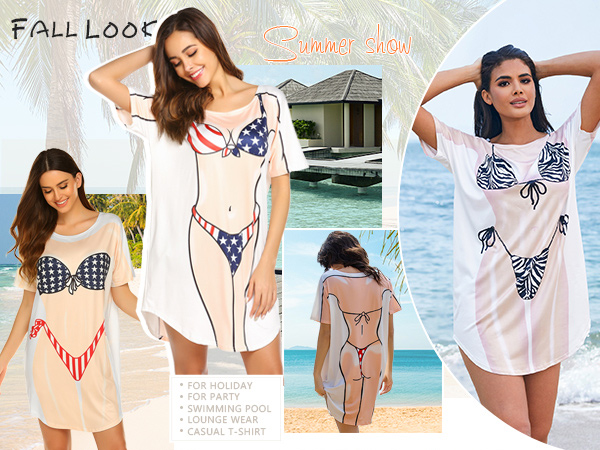 Ladys Cute Bikini Print Cover up T-Shirt Loose Casual Bikini Dress Coverup