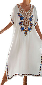 Women Embroidered Swimsuit Cover Ups Side Slit Beach Kaftan Dress