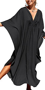 Women Beach Cover Ups Casual Batwing Sleeve V Neck Loose Plus Size Kaftan Dresses Beachwear