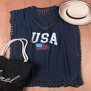 womens  USA Flag bikini cover ups summer crochet v neck batwing sleeve beach coverups 