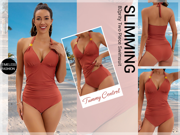 halter tankini swimsuit, tummy control bathing suit for women