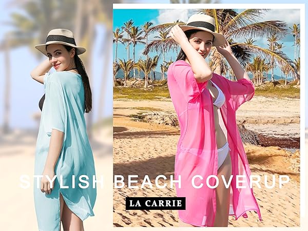 sheer beach coverups for women Women&#39;s Chiffon Kimono Cardigan Cover Up with Half Sleeve Summer