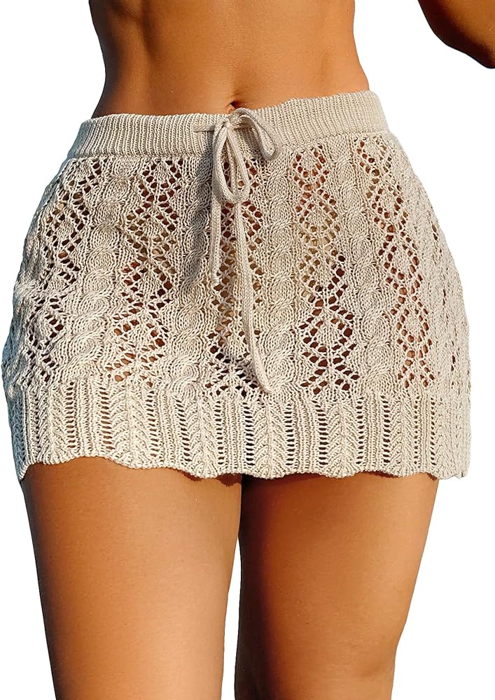 Verdusa Women's Hollow Out Knit Elastic Waist Summer Swimsuit Beach Cover Up Skirt