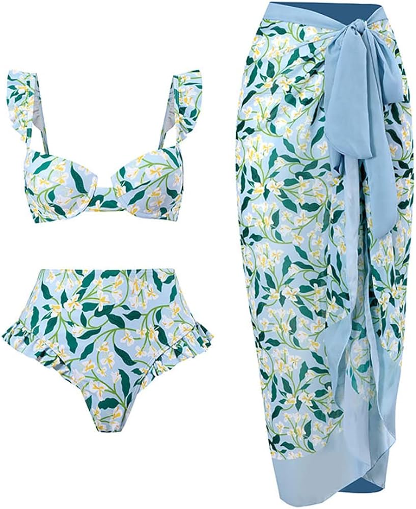 Women 3 Piece Swimsuit Ruffle Floral Print Vintage Bikini Swimwear with Cover up Wrap Summer Holiday Bathing Suit