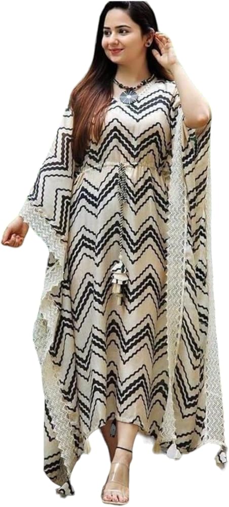 Plus Size Printed Crochet Kaftan Dresses for Women, Long Sleeves, Beach Cover-Up Swimsuit Tops Caftan Cream & Black