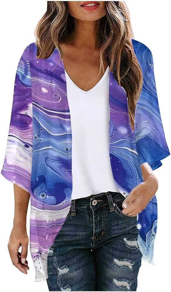 Women's Floral Kimono Cardigan Half Sleeve Casual 100% Polyester Tops Loose Beach Cover Ups Open Front 2024 Beachwear