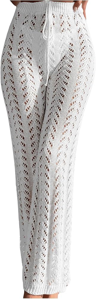 SHENHE Women's Crochet cover ups Hollow Out Drawstring Swimsuit Sheer Boho Long Pants White Crochet A Small