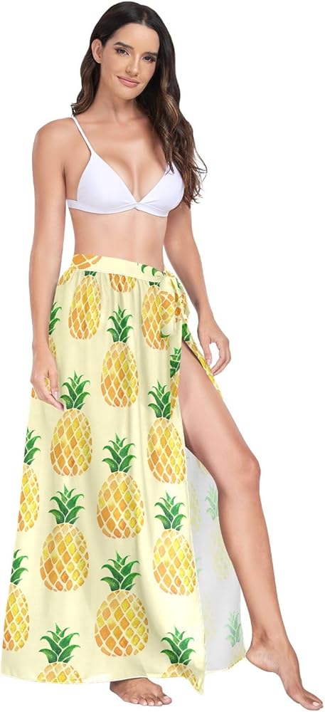 Women Long Beach Wrap High Waist Split Skirt Thigh Swimwear Cover Ups Yellow Pineapples Summer Pareos