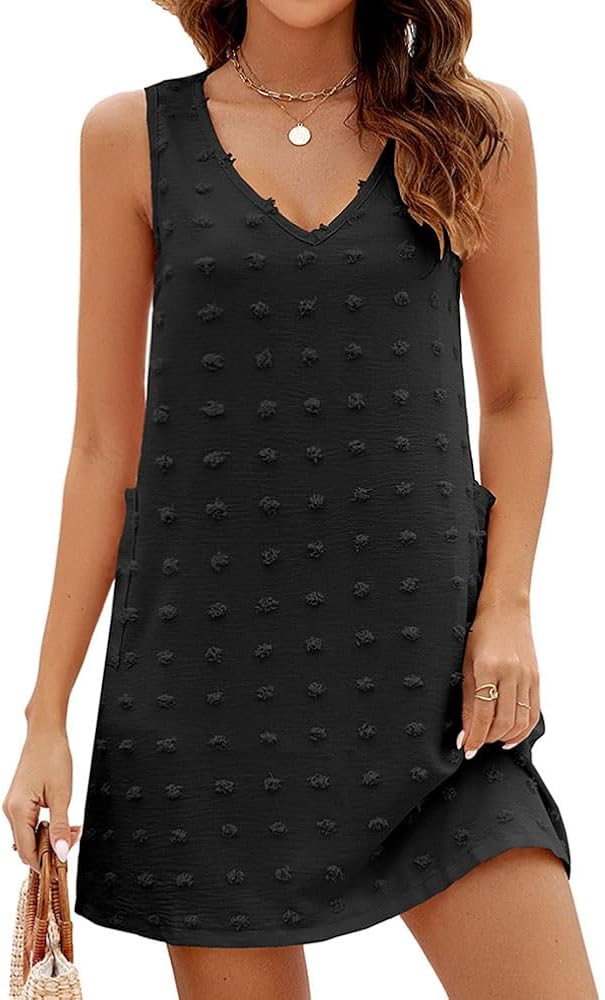 IHOT Women's Casual Summer Sun Dresses Swiss Polka Dot Beach Cover Up V Neck Sleeveless Tank Dress with Pockets