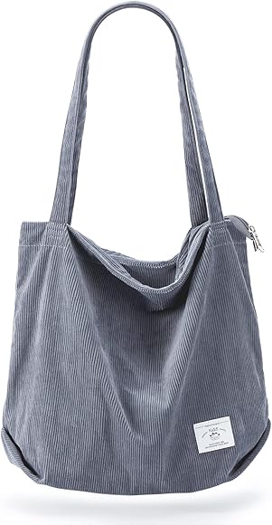 KALIDI Bolsa de pana gruesa de gran capacidad, bolsas de hombro con cordón de cremallera para mujeres, señoras, niñas, bolsa de compras casual para el trabajo, la escuela, la universidad, uso diario