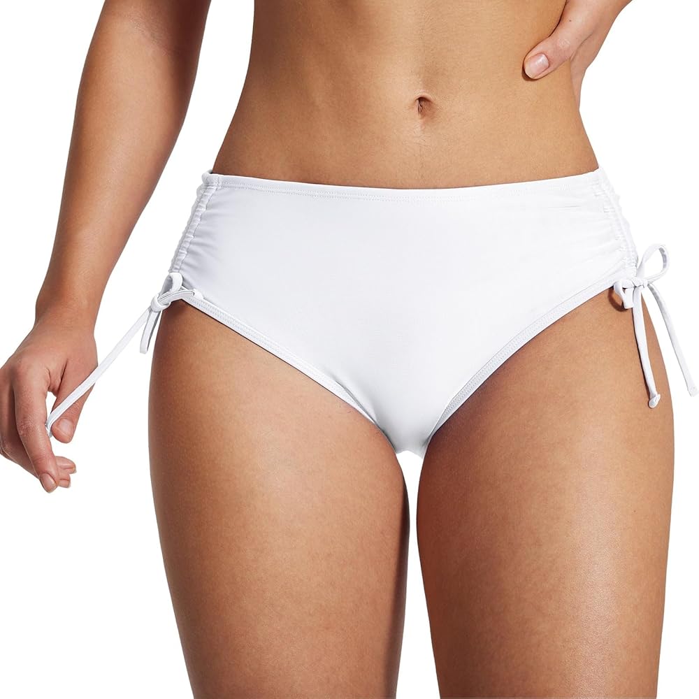 BALEAF Women's Bikini Bottom Mid Waisted Adjustable Side Tie Swim Bottoms Ruched Cheeky Mid Coverage Swim Briefs