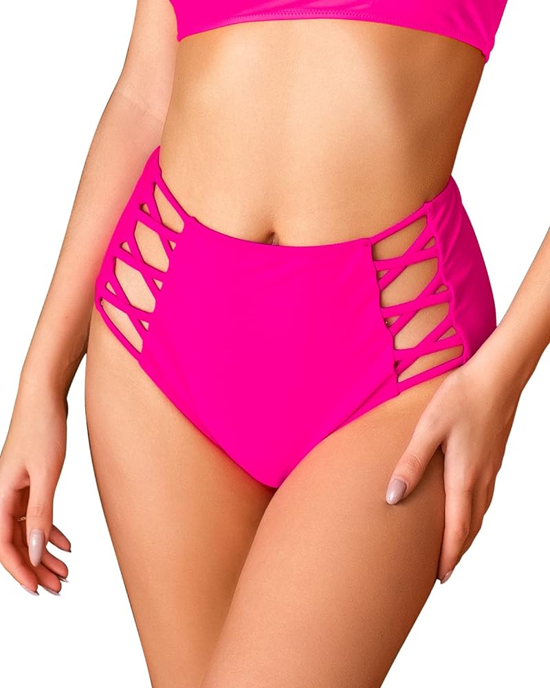 Annbon Strappy High Waisted Bikini Bottoms Tummy Control Bathing Suit Swimsuit Rave Bottoms for Women Full Coverage