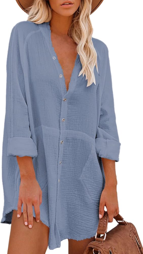 Women's Button Down Shirt Dress Oversized Long Sleeve Swimsuit Cover Ups Beach Dresses