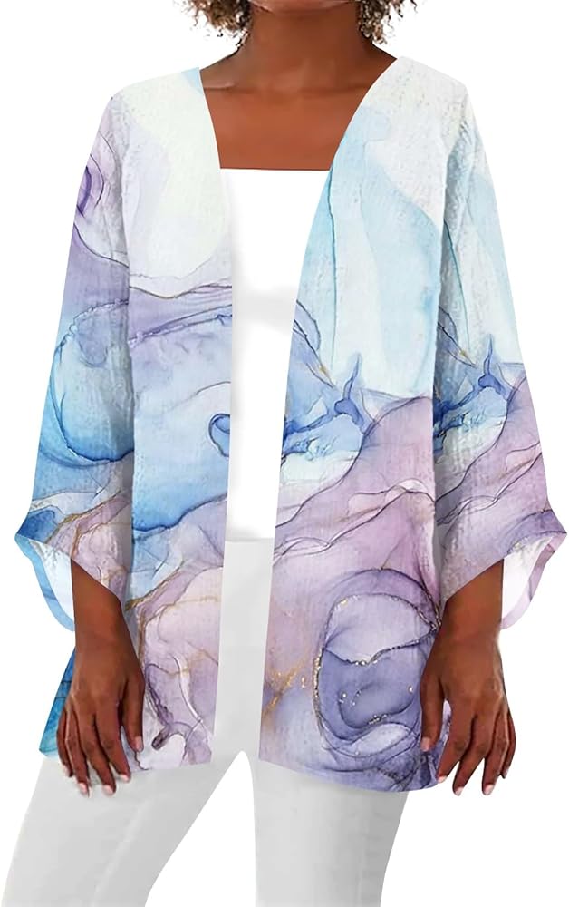 YUTANRAL Womens Summer Tops Floral Printed Lightweight Kimonos Cardigan Casual Loose 3/4 Sleeve Tops Plus Size Cover Ups