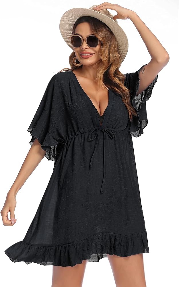 AI'MAGE Swimsuit Cover Ups Women's Bathing Suit V Neck Ruffle Sleeve Soft Coverups Dress