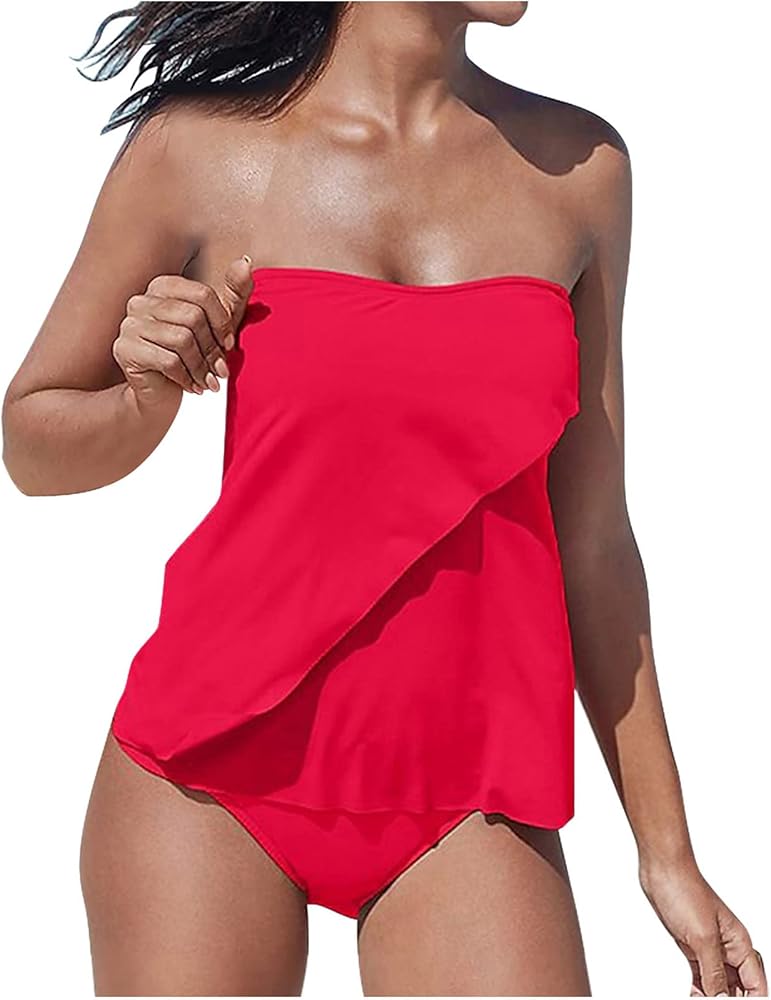 Tummy Control Swimsuits for Women Two Piece Halter Bandeau Swim Top with Bottom Summer Beach Cover Ups