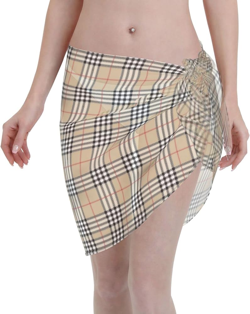 Classic Scottish Tartan Plaid Women Short Sarongs Beach Wrap Sheer Bikini Wraps Chiffon Cover Ups for Swimwear