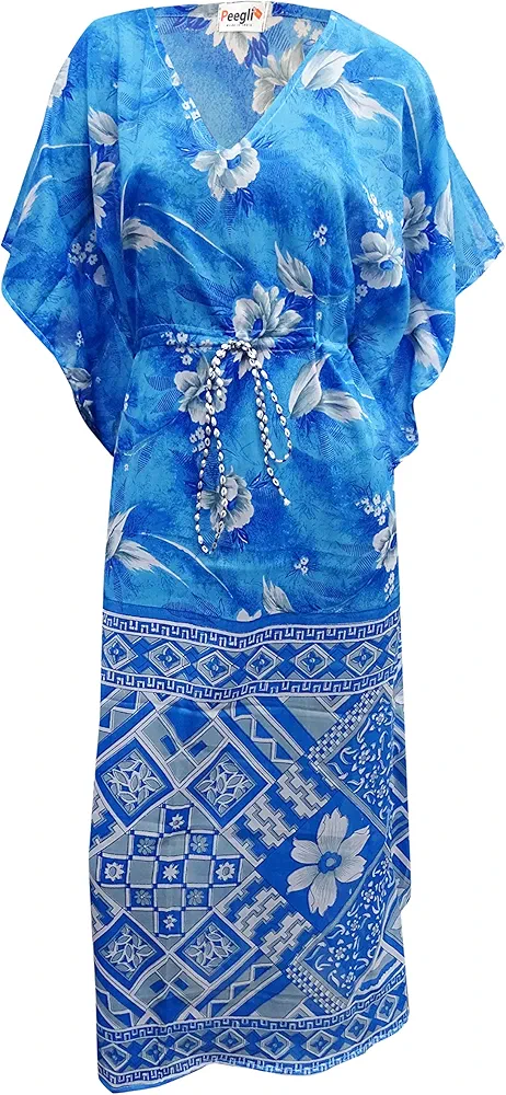 Women's Loose Summer Caftan Blue Beach Coverups Vintage Polyester Full Length Maxi Kaftan Floral Printed Vintage