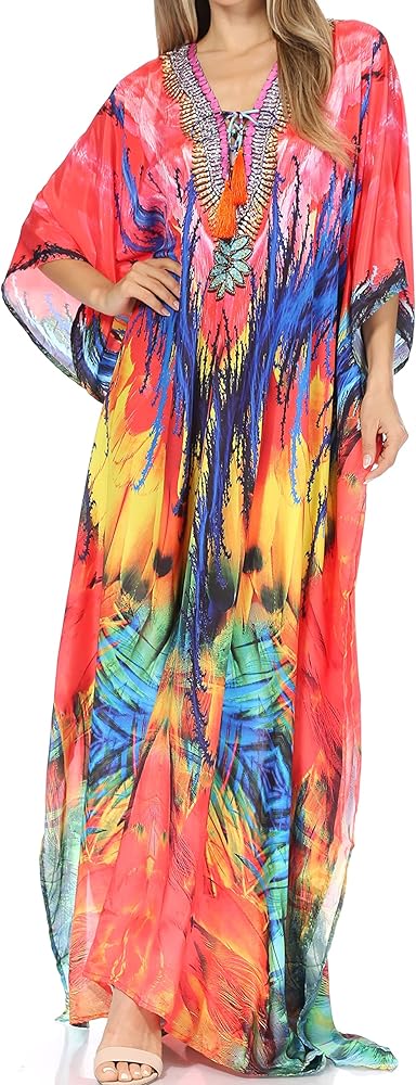 Sakkas Georgettina Flowy Rhinestone V Neck Long Caftan Dress/Cover Up